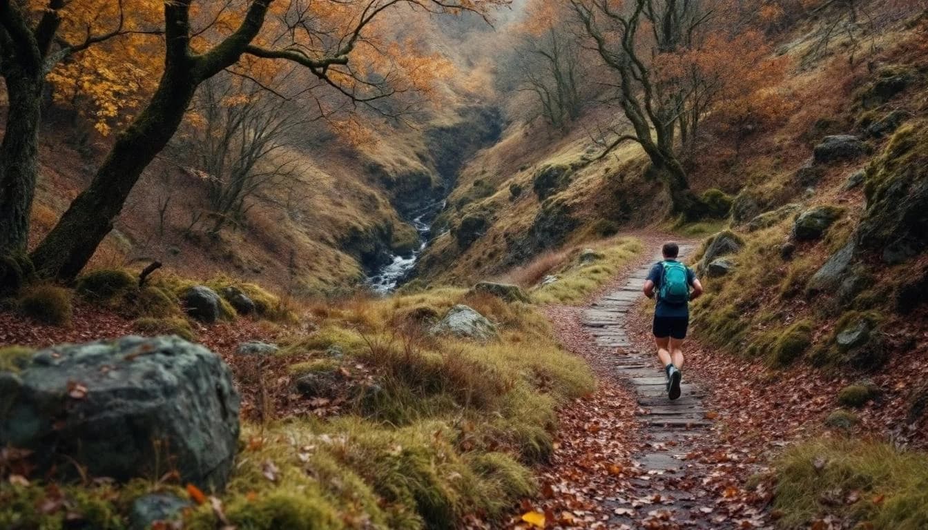 Trail running course through mixed terrain in Gloucestershire, GB
