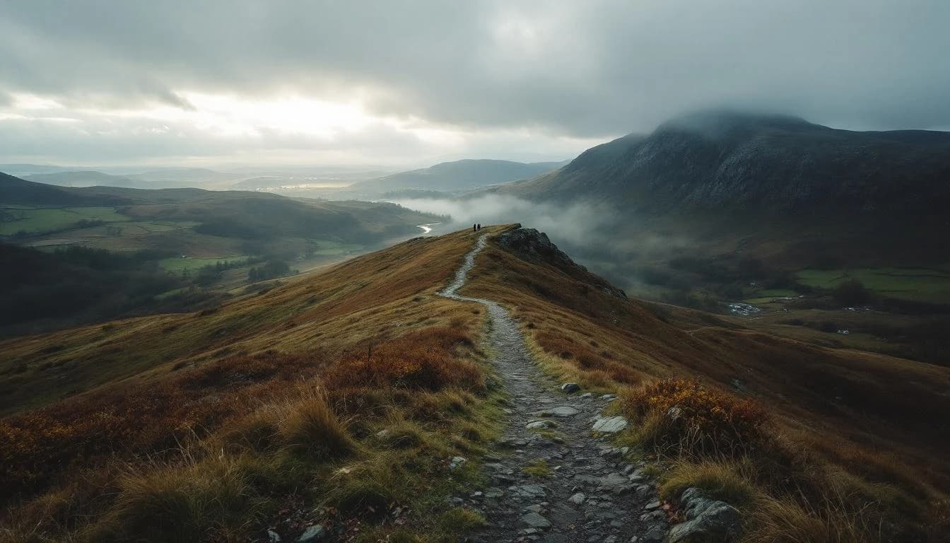 Trail running course through mixed terrain in Wales, GB