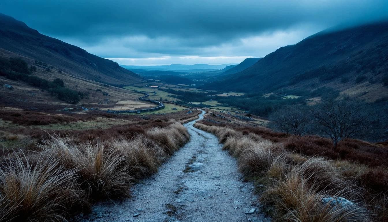 Trail running course through mixed terrain in Wales, GB