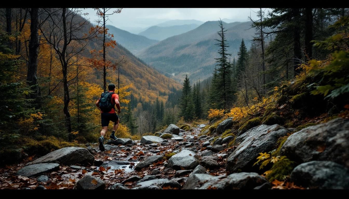 Trail running course through mixed terrain in Quebec, CA