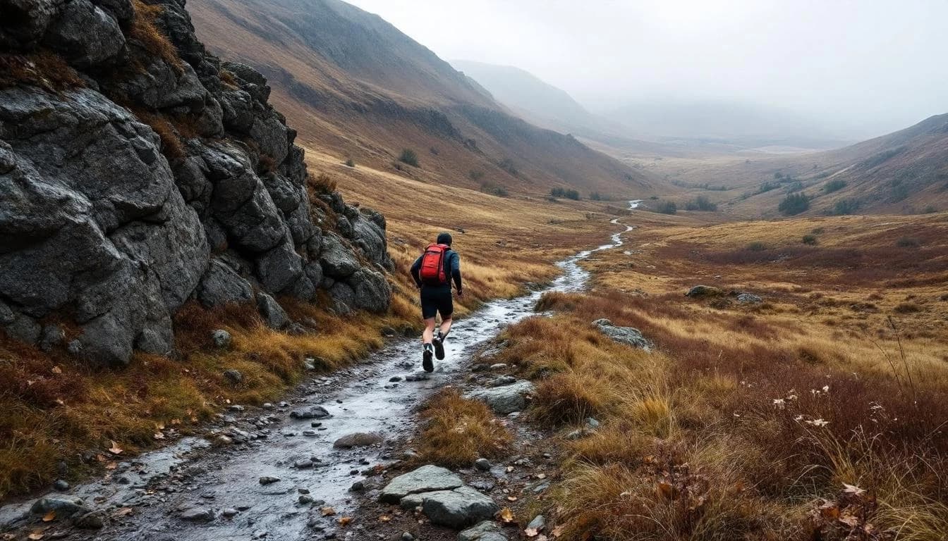 Trail running course through mixed terrain in Scotland, GB