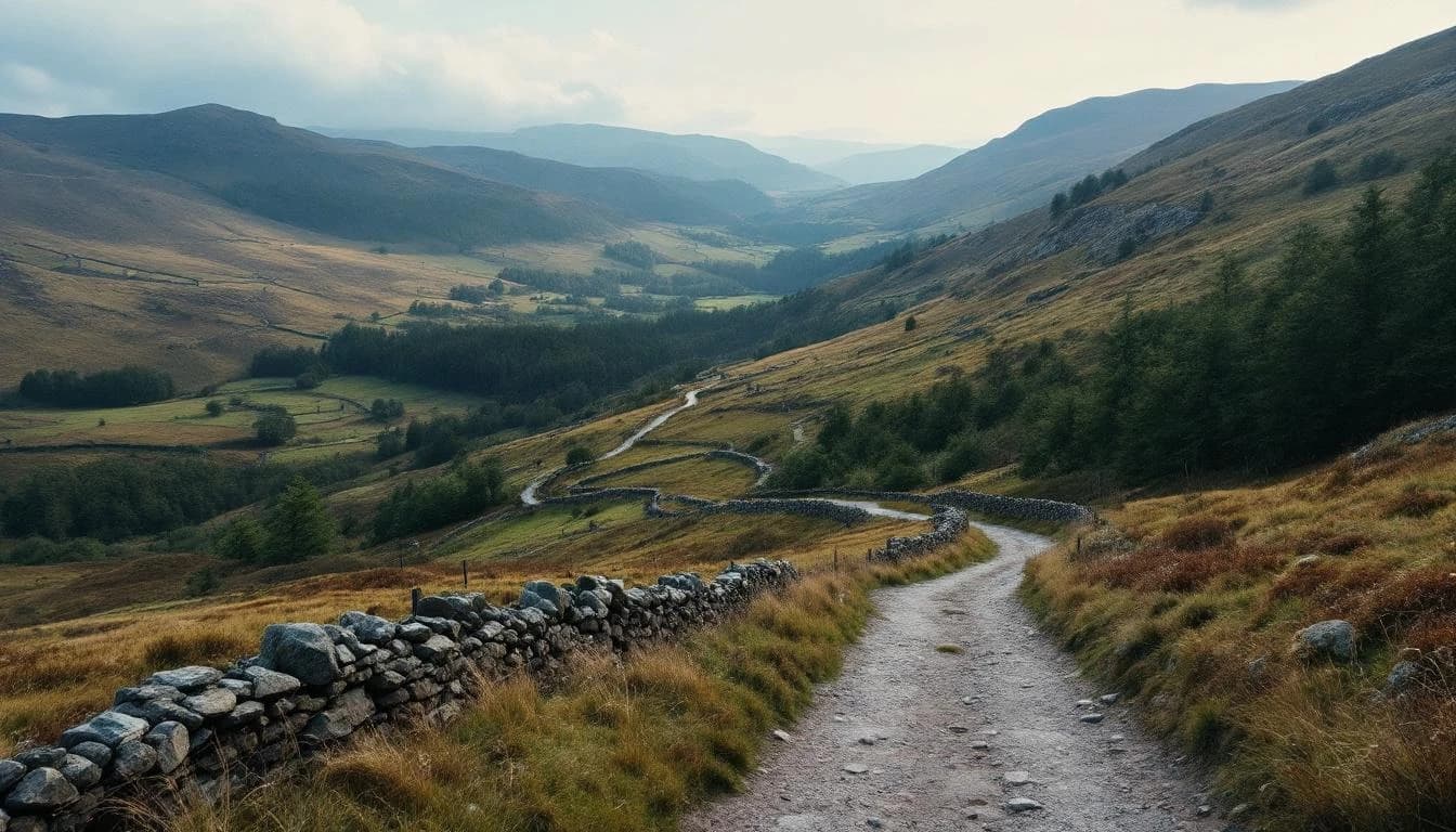 Trail running course through mixed terrain in Scotland, GB