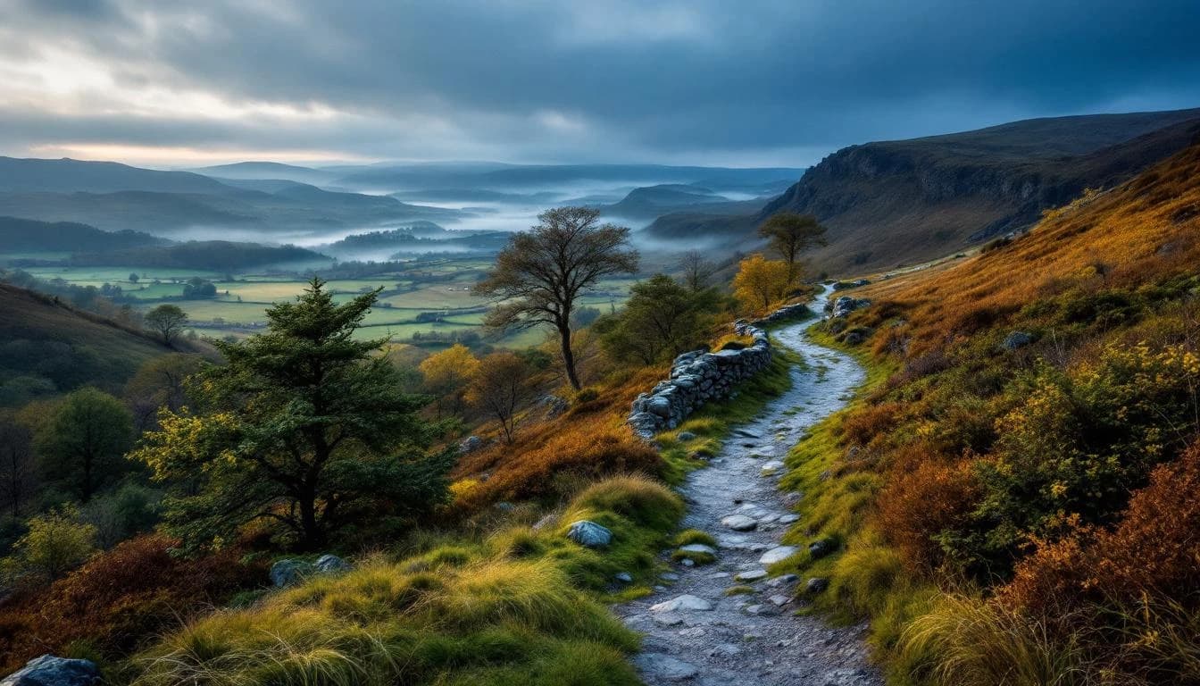 Trail running course through mixed terrain in Scotland, GB