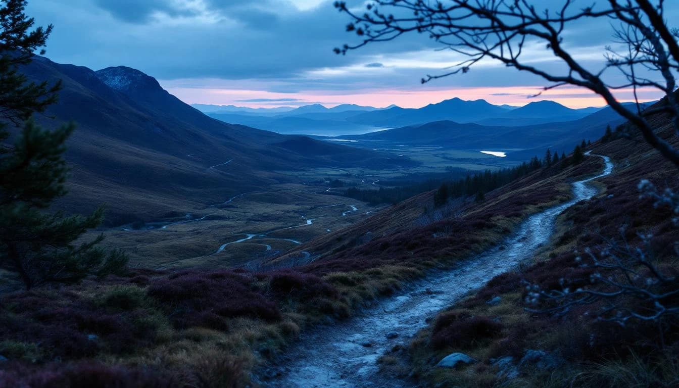 Trail running course through mixed terrain in Scotland, GB