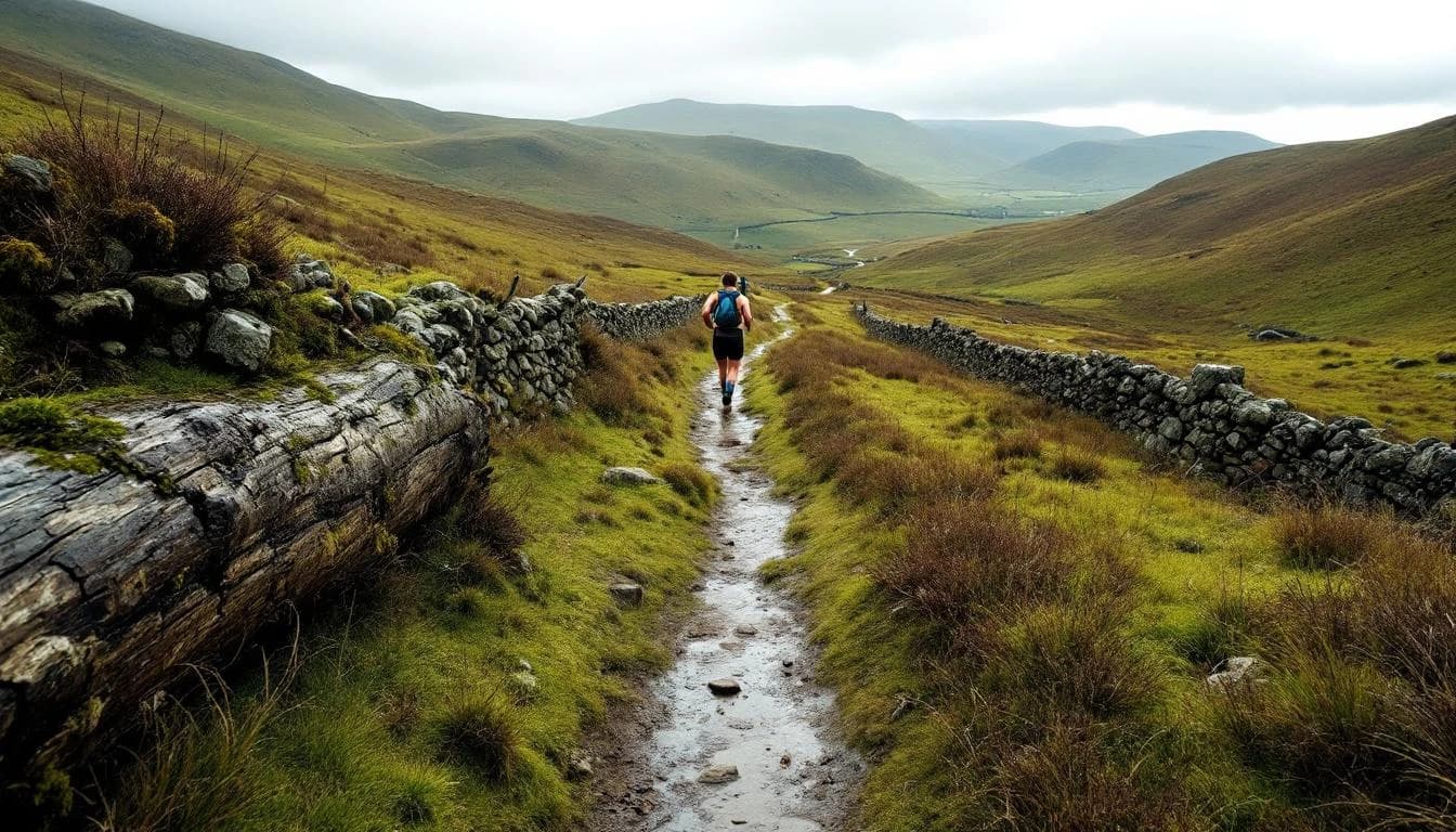 Trail running course through mixed terrain in England, GB