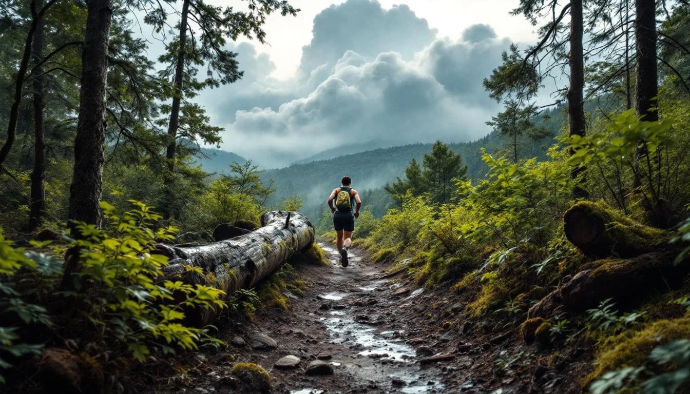 Trail running course through singletrack trails in North Carolina, USA