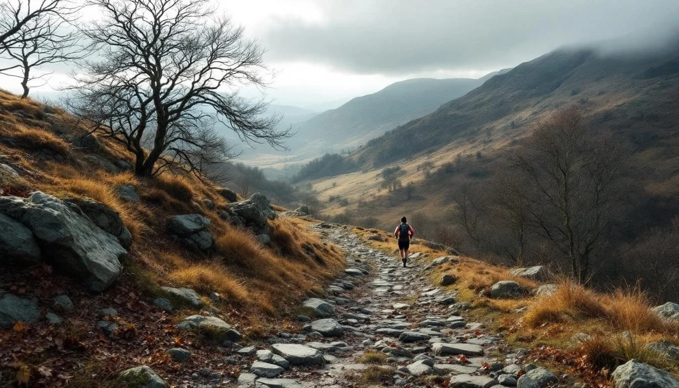 Trail running course through mixed terrain in Wales, GB