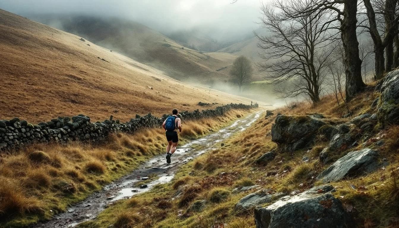 Trail running course through mixed terrain in Wales, GB