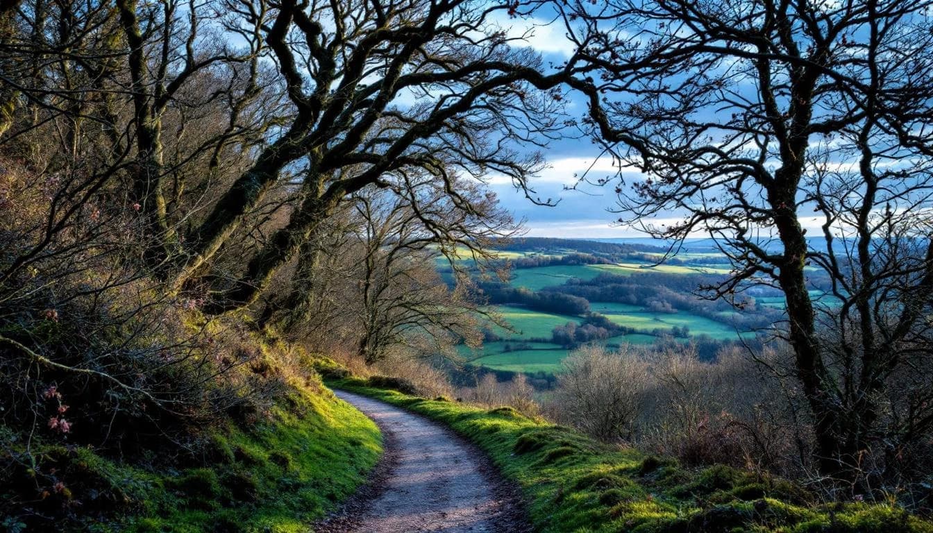 Trail running course through mixed terrain in England, GB