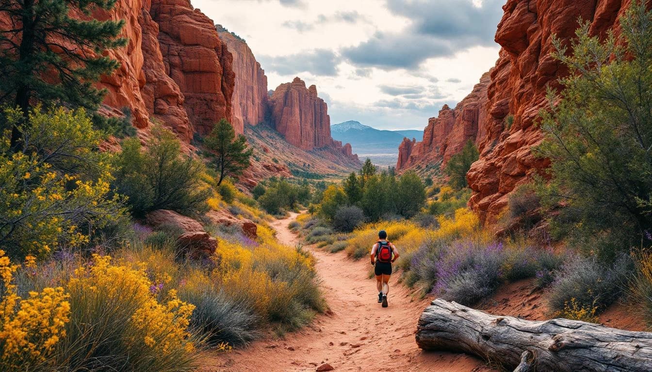 Trail running course through mixed terrain in Colorado, USA