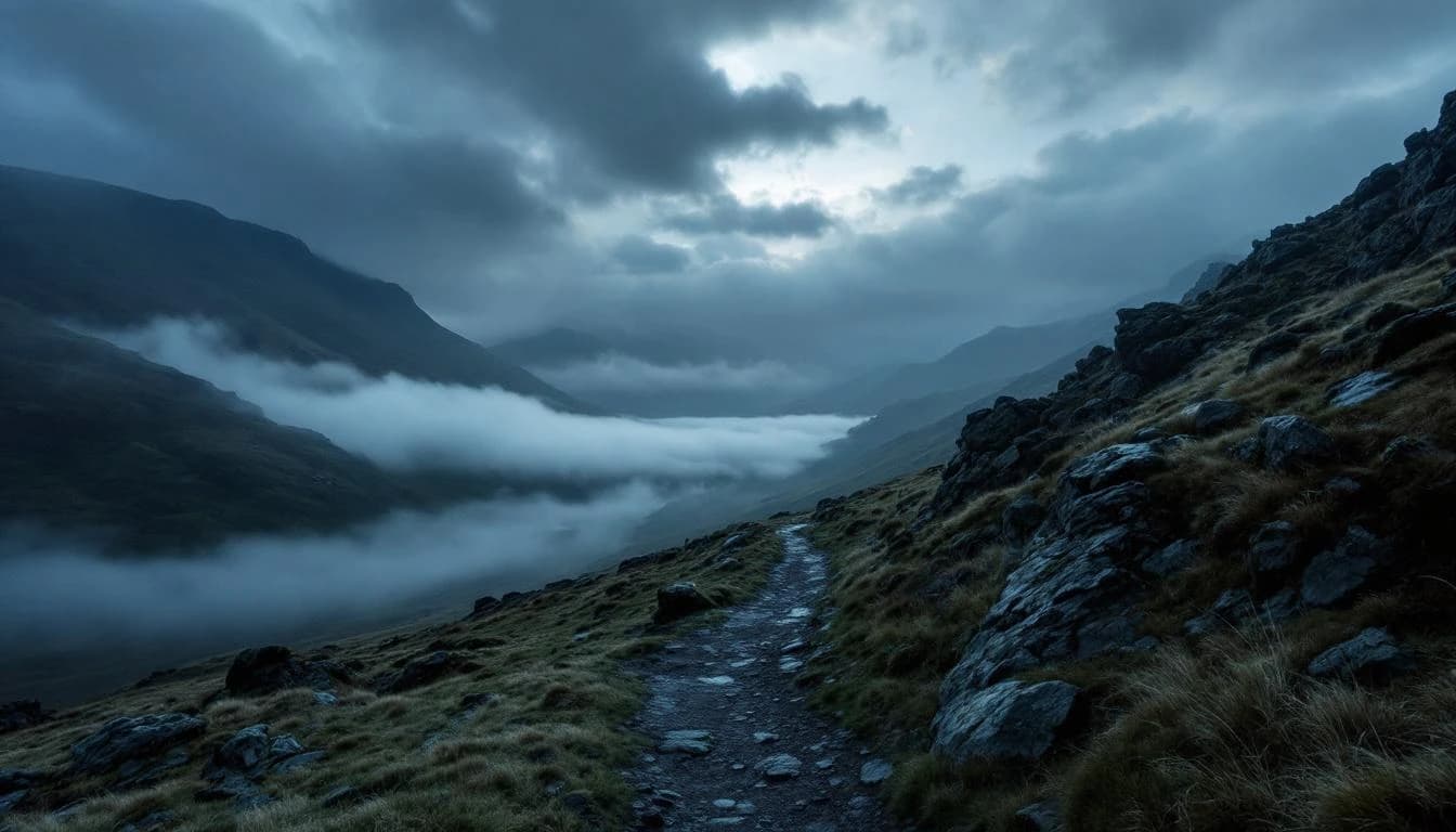 Trail running course through mixed terrain in Wales, GB