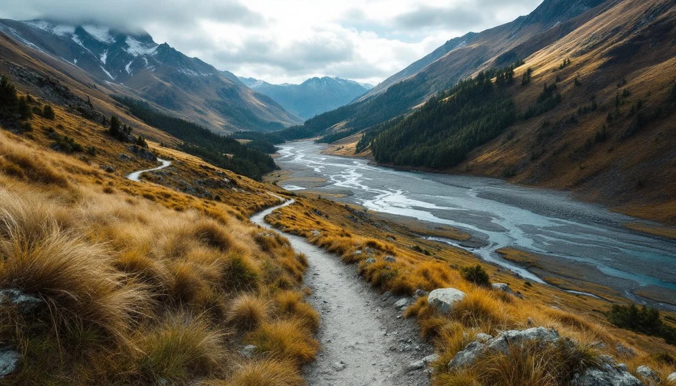 Trail running course through mixed terrain in Canterbury, NZ