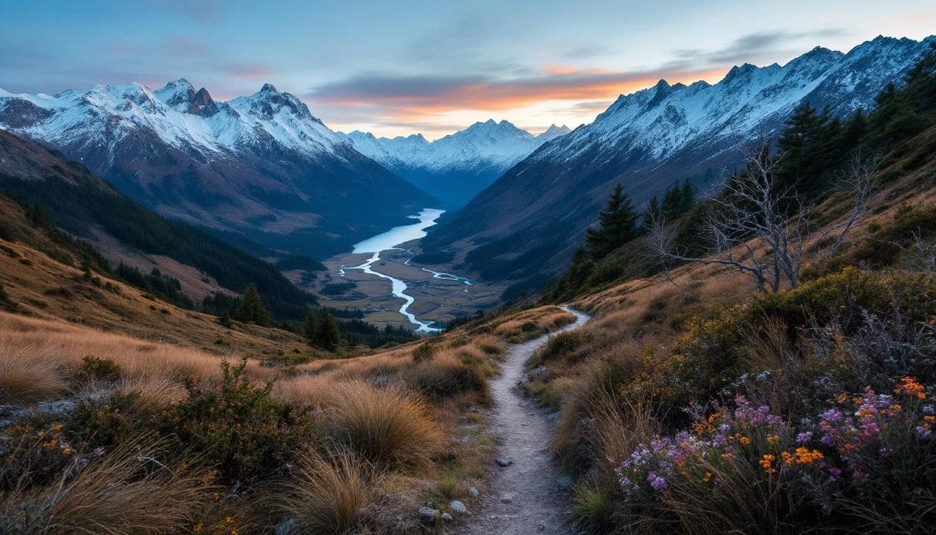 Trail running course through mixed terrain in Canterbury, NZ