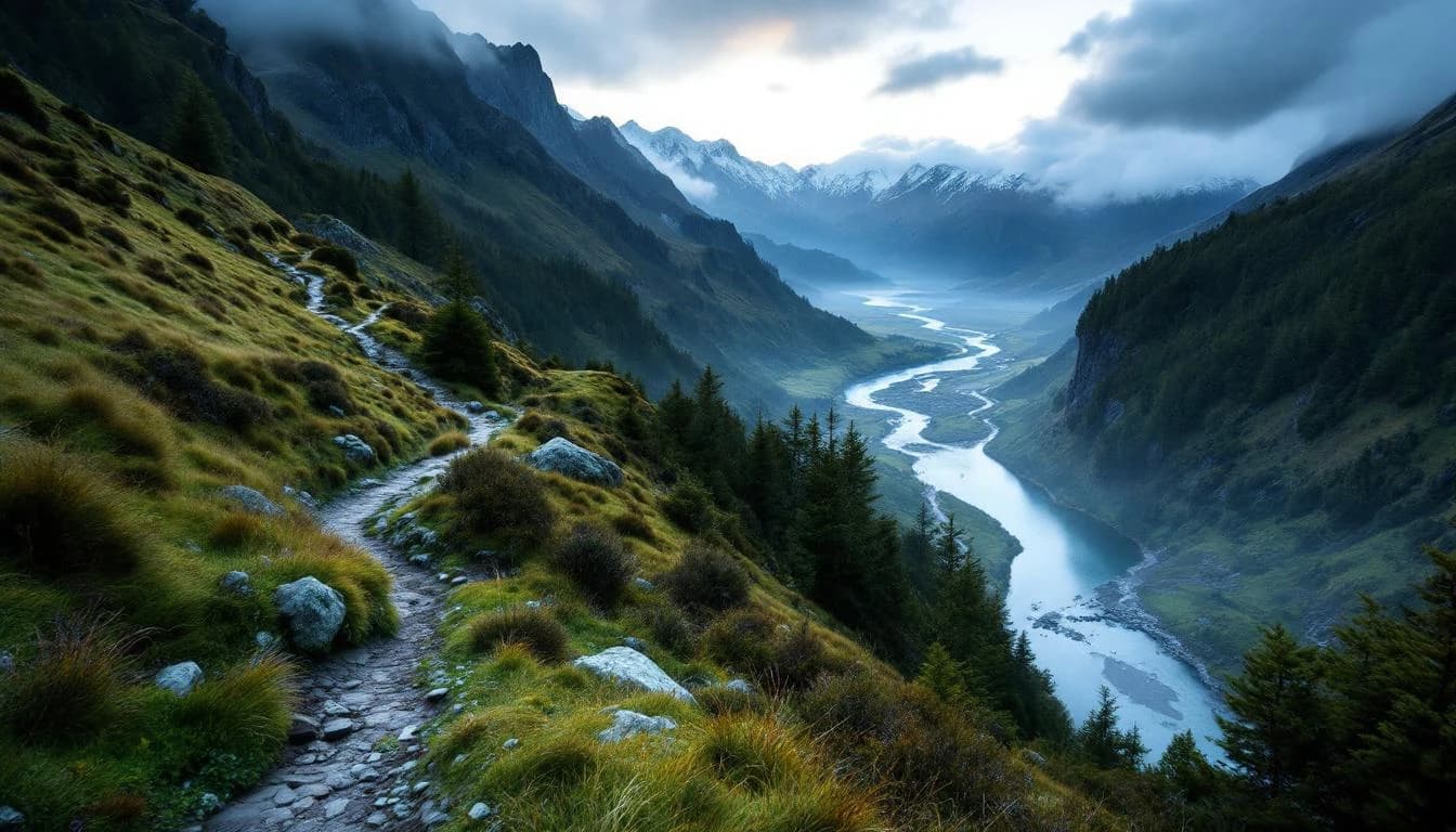 Trail running course through mixed terrain in Southland, NZ