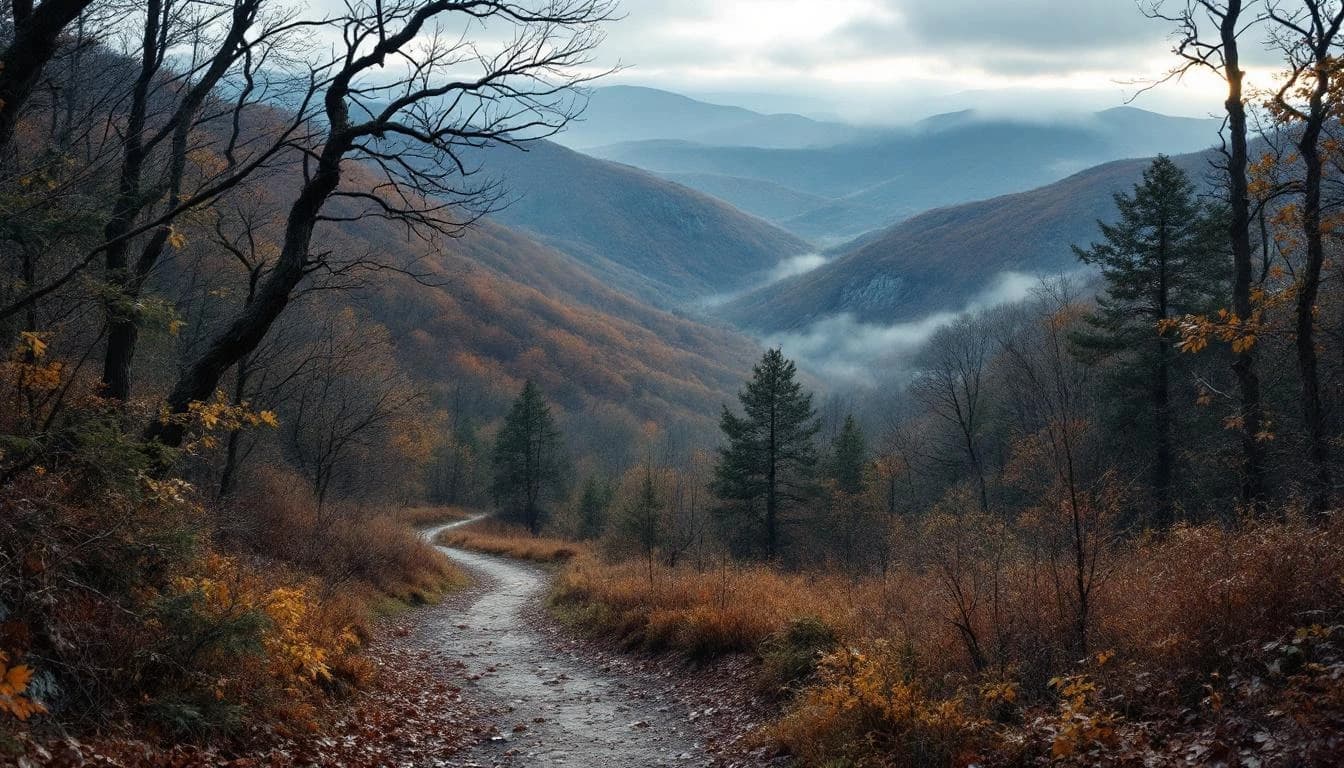 Trail running course through singletrack trails in Virginia, USA