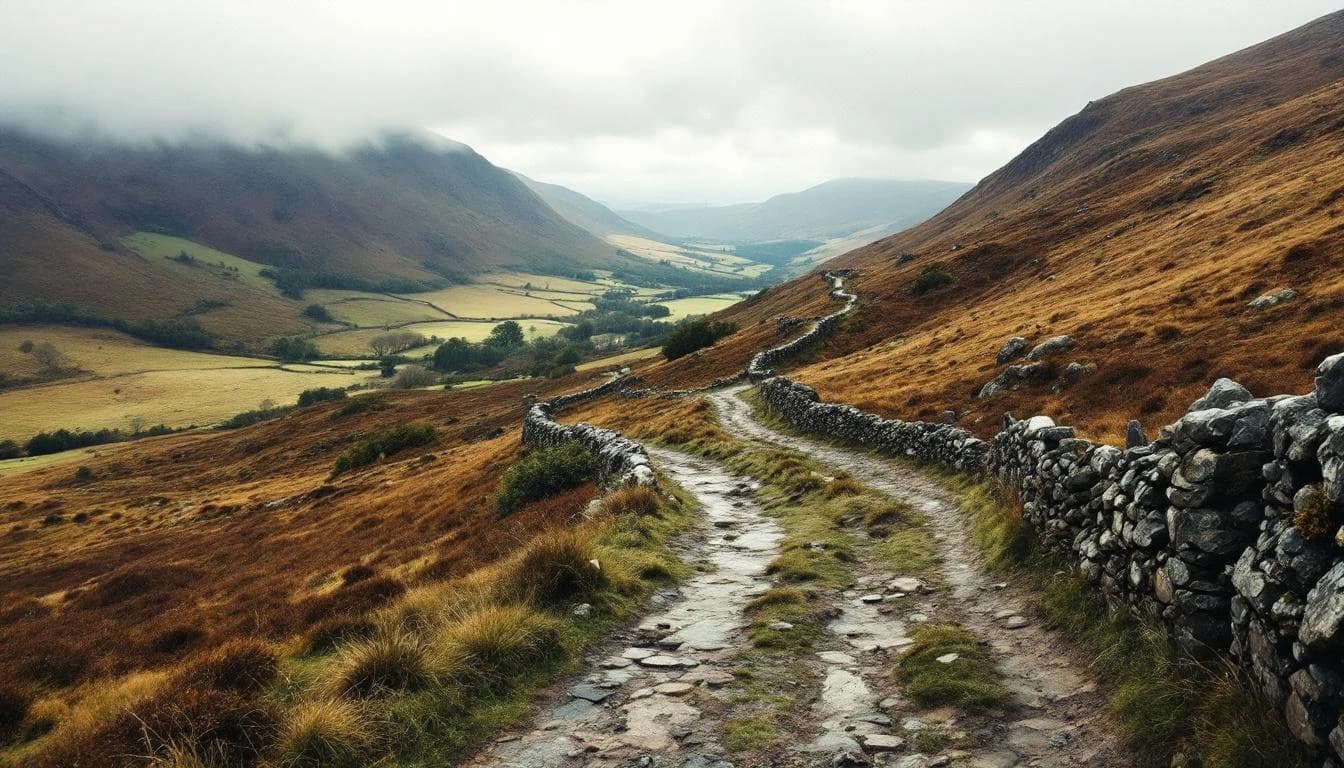 Trail running course through mixed terrain in Cumbria, GB