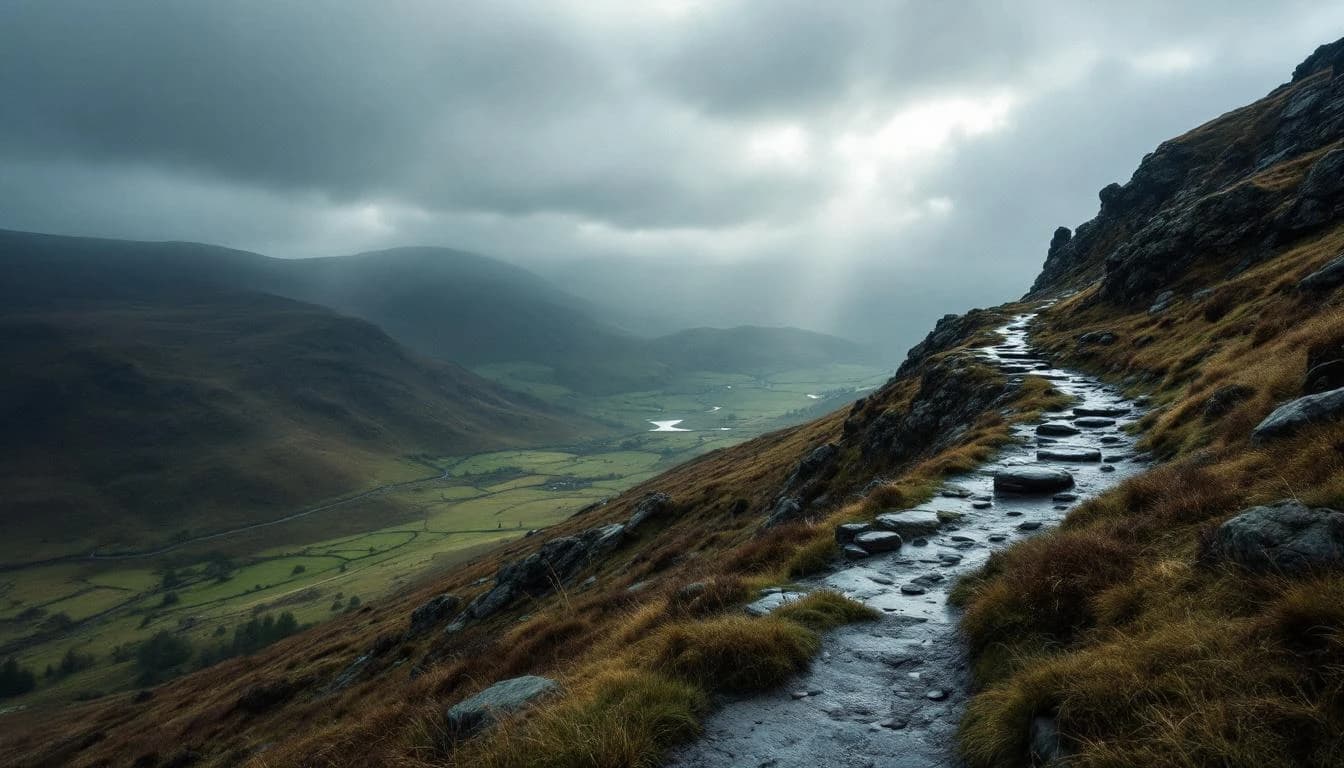 Trail running course through mixed terrain in Cumbria, GB
