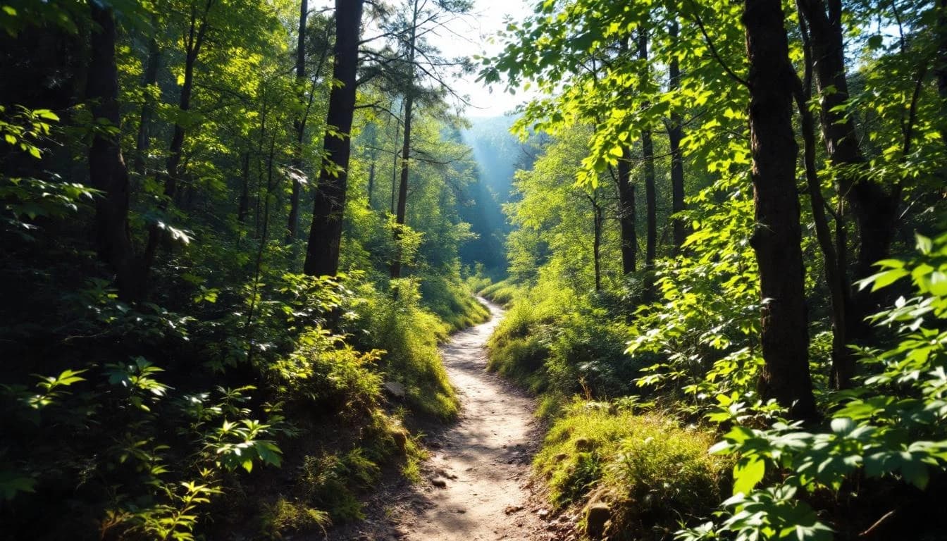 Trail running course through singletrack trails in North Carolina, USA