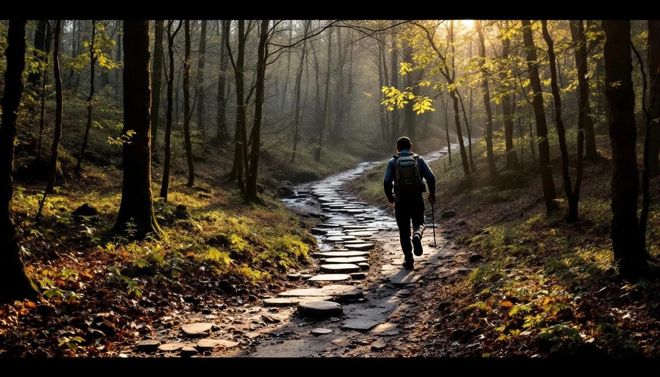 Trail running course through singletrack trails in North Carolina, USA