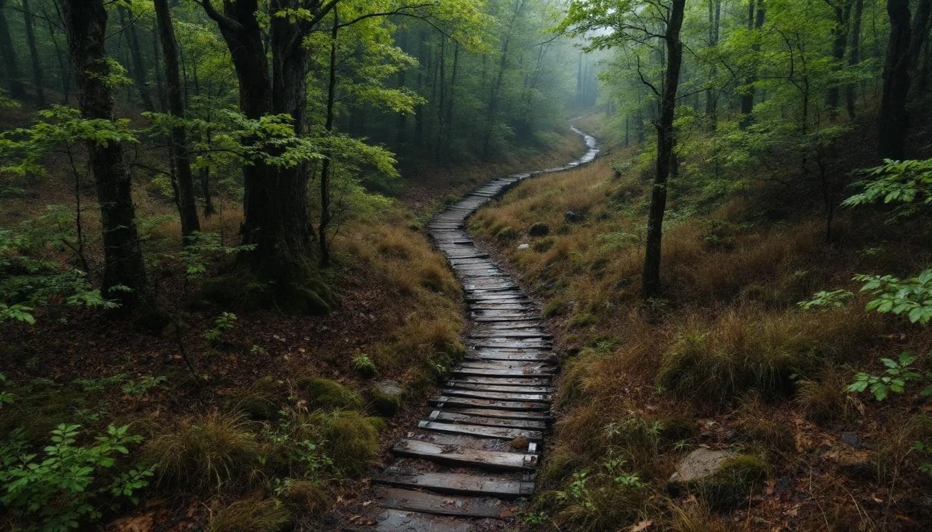 Trail running course through singletrack trails in North Carolina, USA