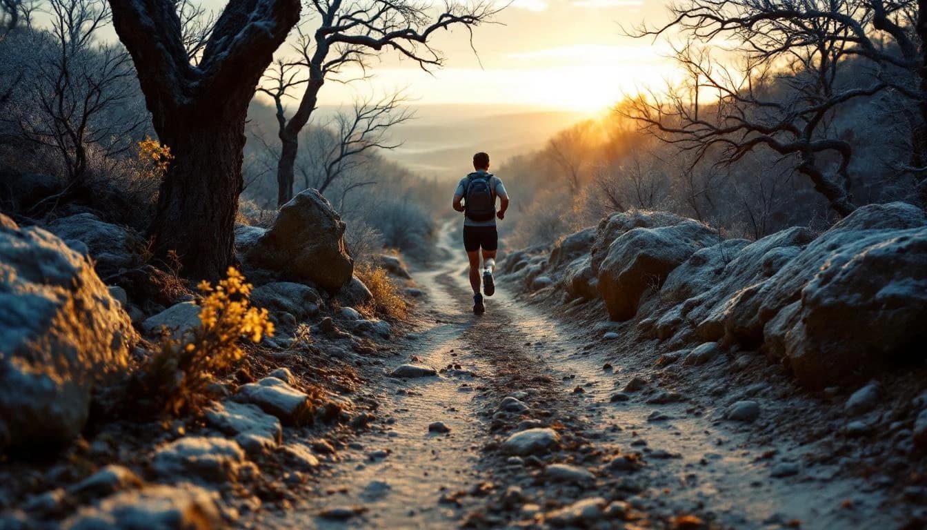 Trail running course through mixed terrain in Texas, USA