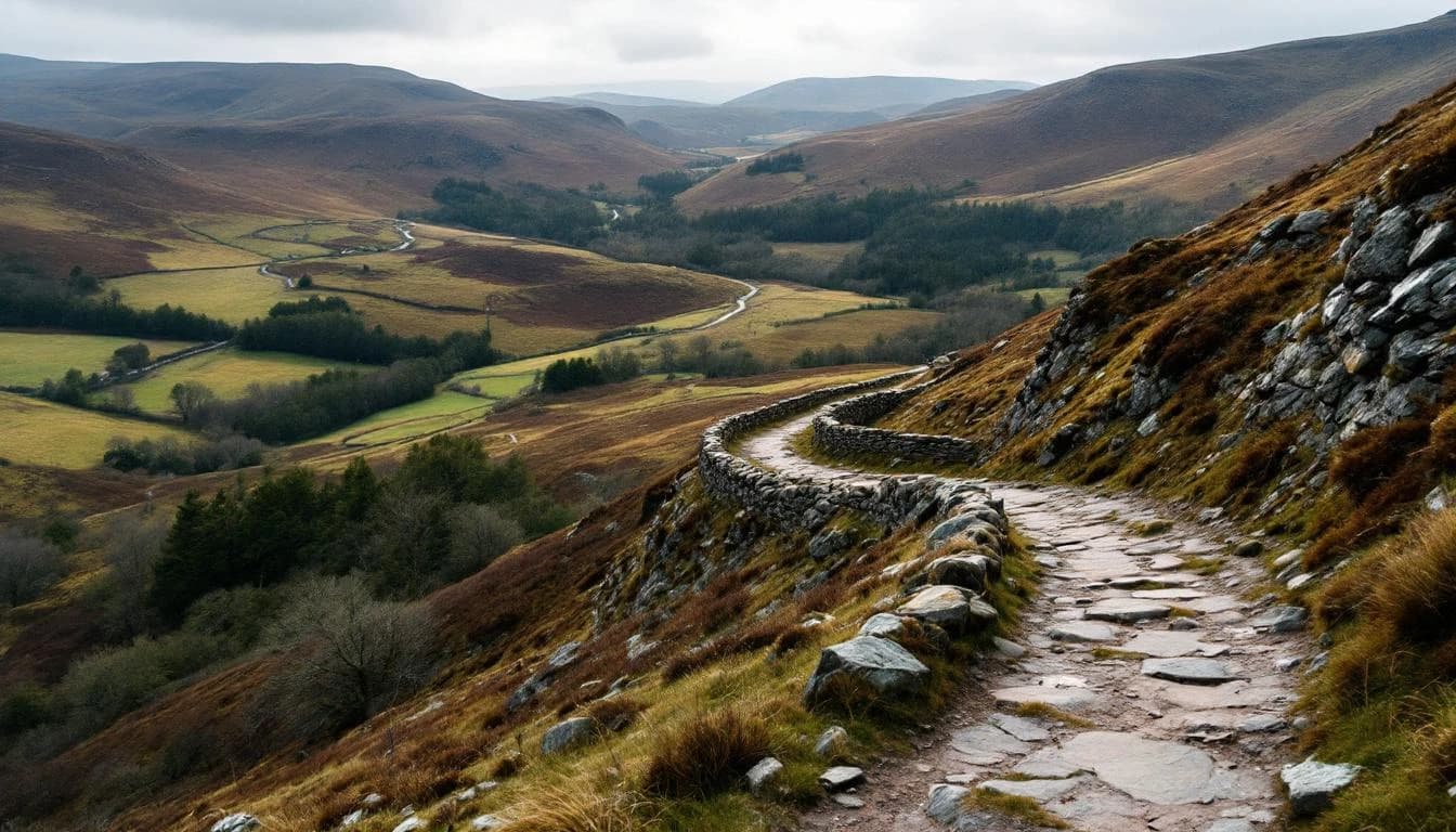 Trail running course through mixed terrain in Wales, GB