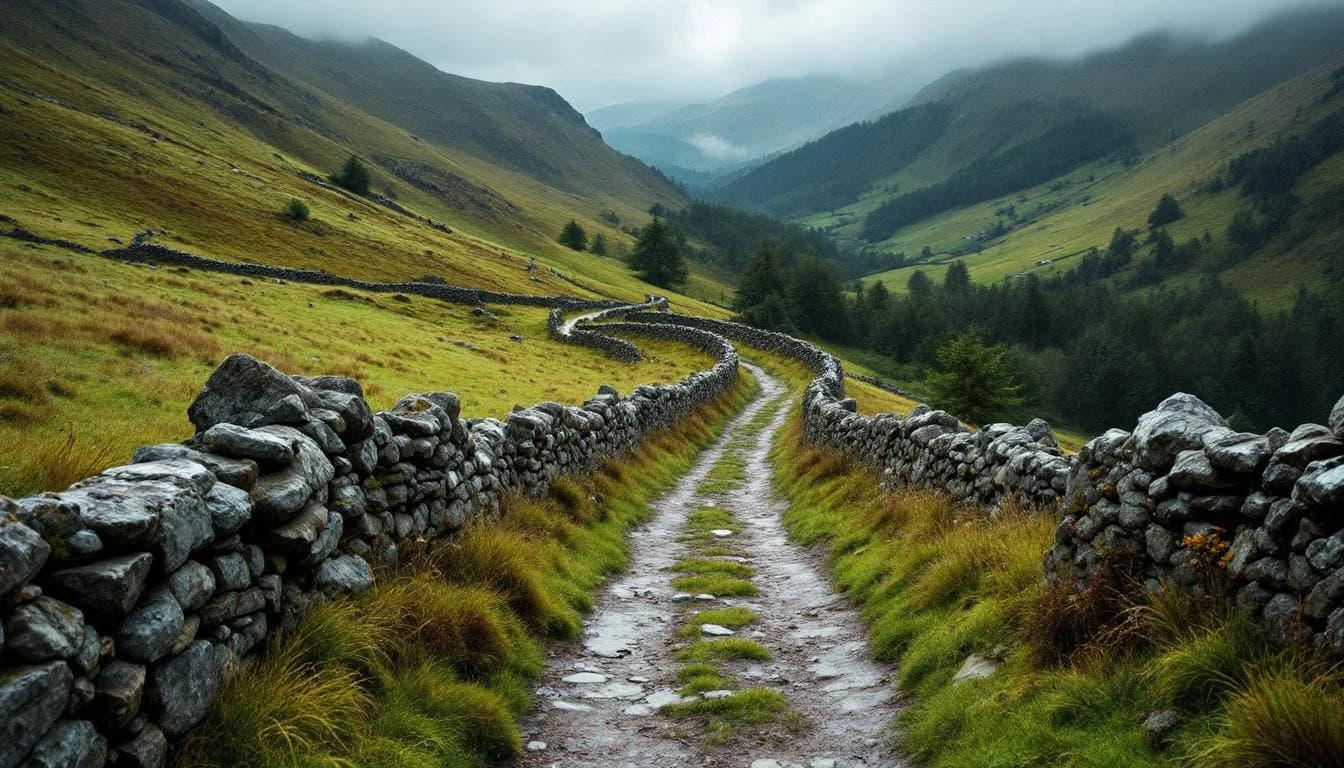 Trail running course through mixed terrain in Wales, GB