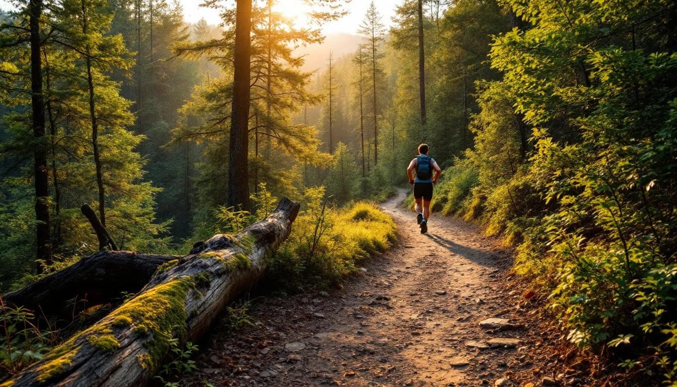 Trail running course through mixed terrain in North Carolina, USA