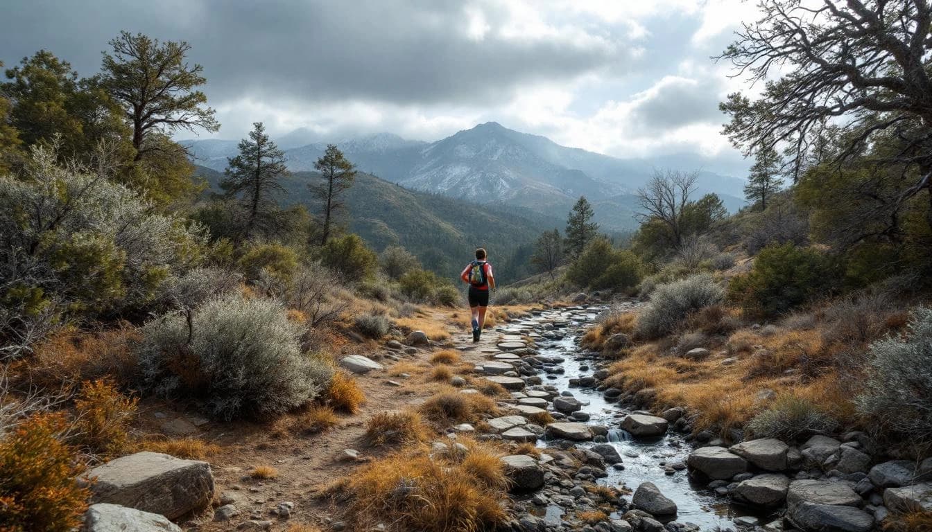 Trail running course through mixed terrain in California, USA