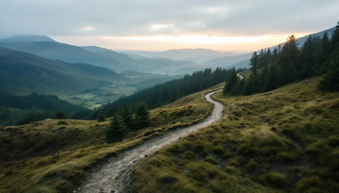 Trail running course through mixed terrain in Scotland, GB