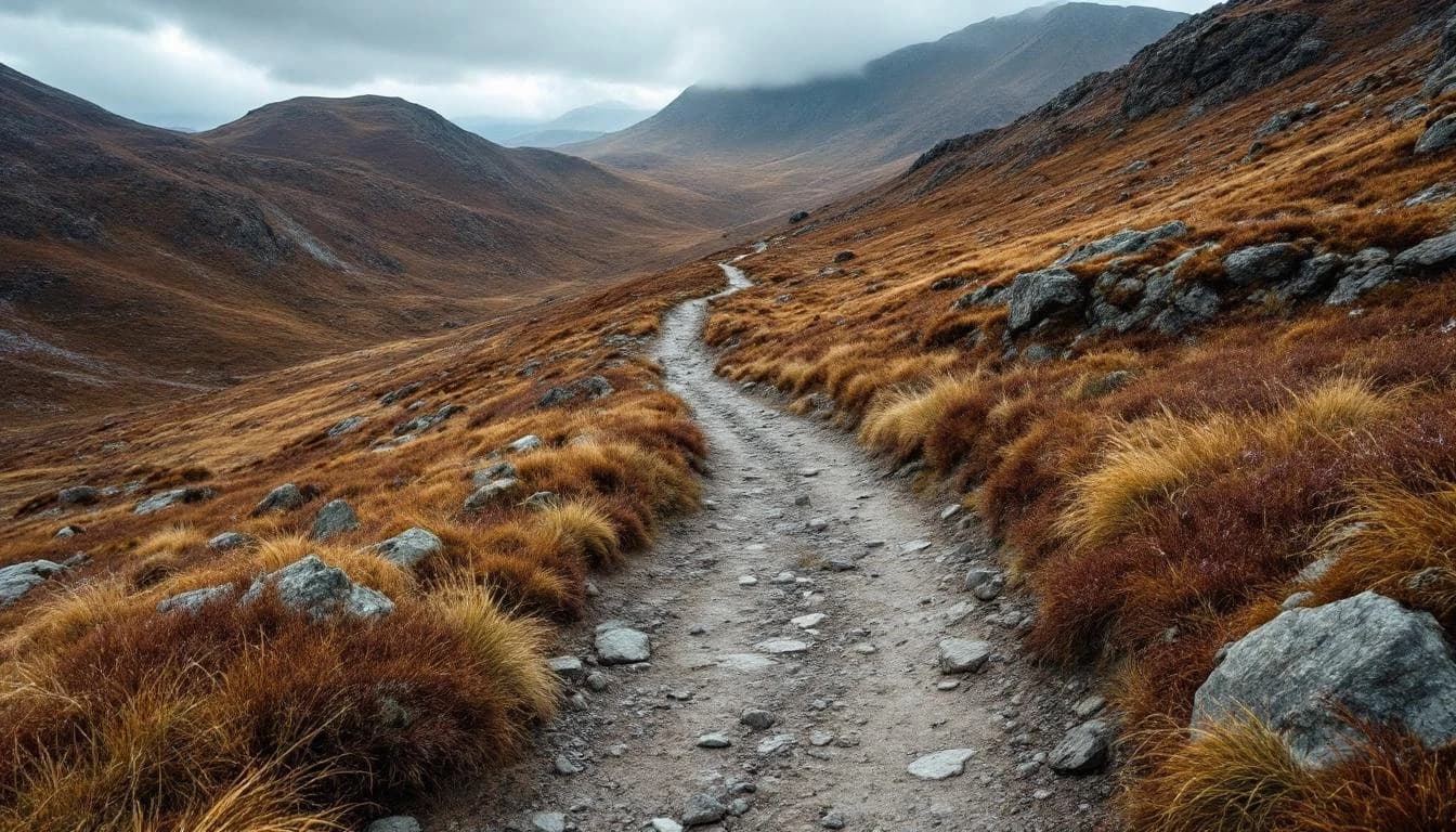 Trail running course through mixed terrain in Scotland, GB