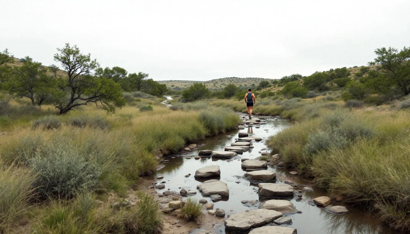 Trail running course through singletrack trails in Texas, USA